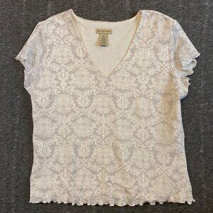 Y2K Apostrophe White Damask Print V-Neck Short Sleeve Top Size Medium Lined